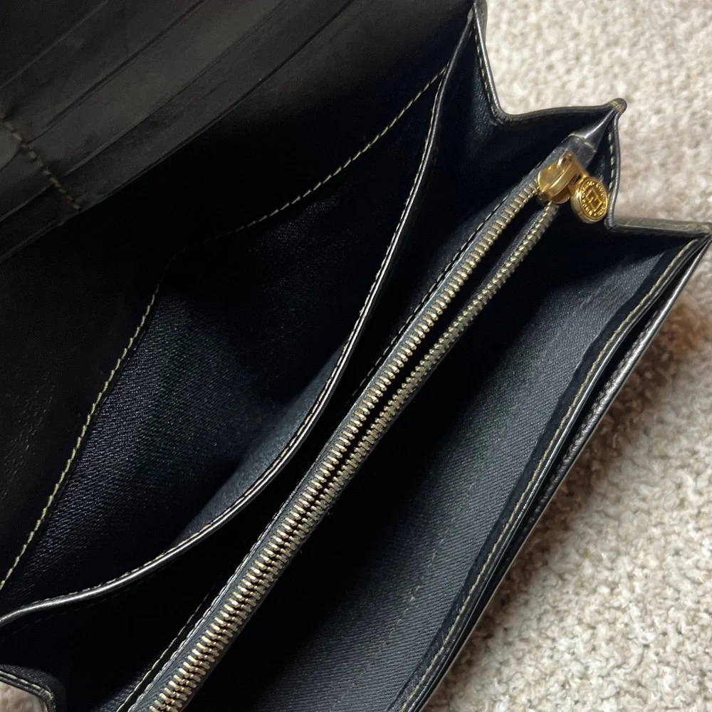 FENDI Black and Brown Striped Continental Wallet with Gold Tone Chain